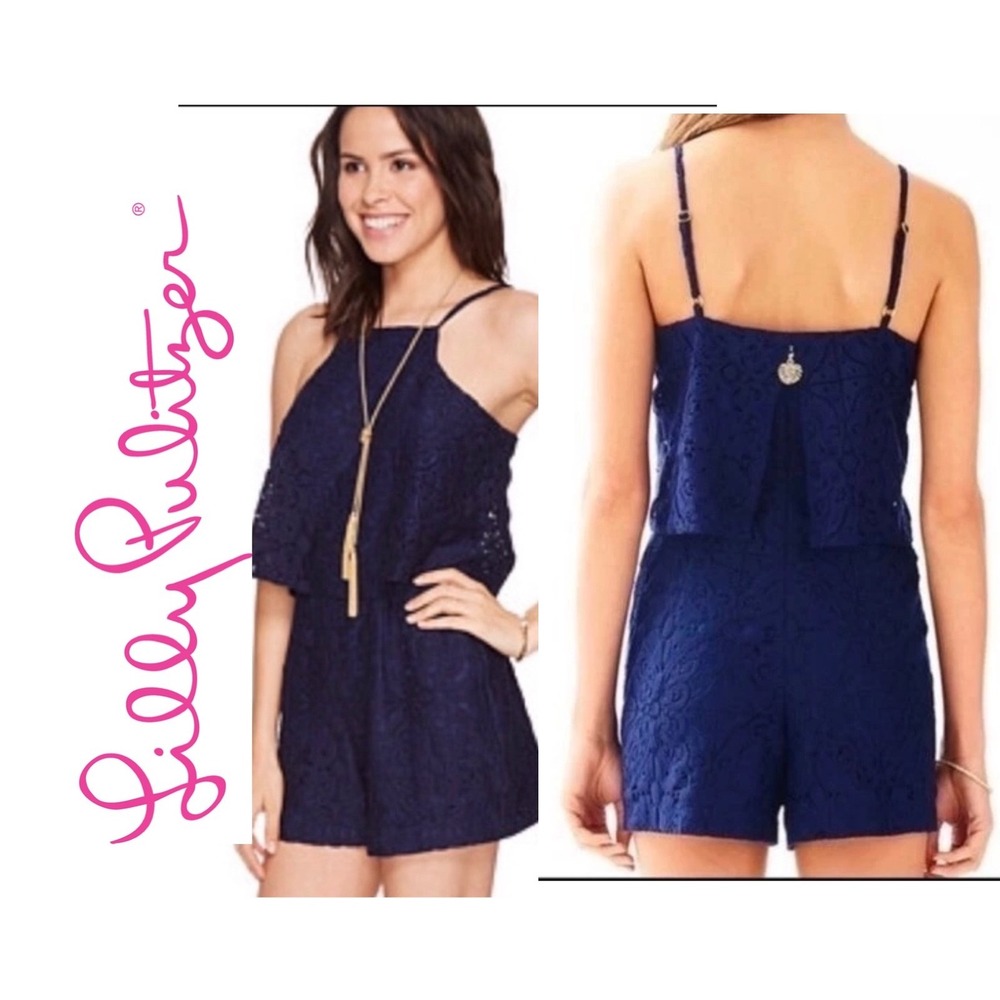 Lilly Pulitzer Navy Blue Lace Popover Romper High Neck Sleeveless ResortCore
